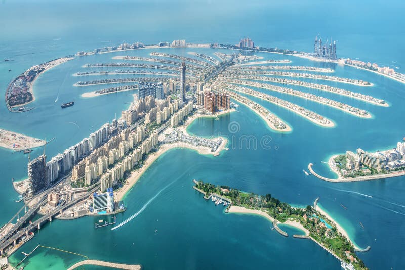 Luchtbeeld van het Palm Jumeirah eiland in Dubai, VAE stock fotografie