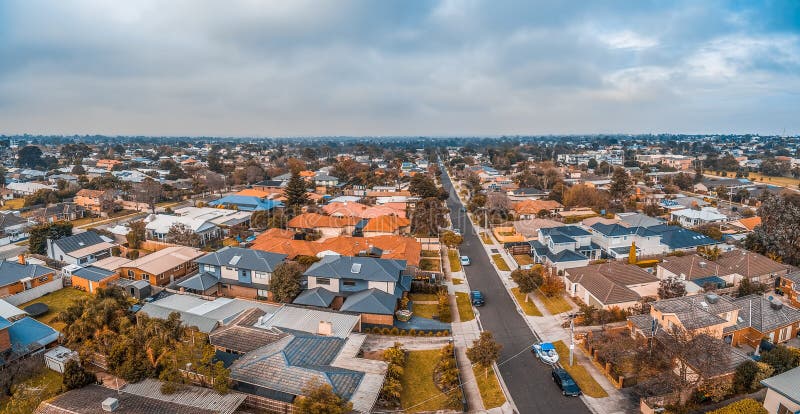 Luchtpanorama van suburbian huizen in Carrum stock foto Luchtpanorama van suburbian huizen in Carrum stock foto