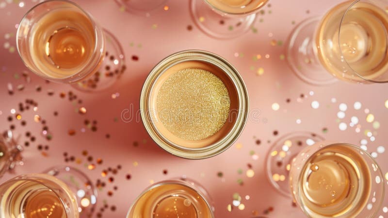 Aerial shot of a can of Champagne Gold paint, encircled by sparkling sequins and champagne flutes, capturing the essence of celebration and luxury . AI generated. Aerial shot of a can of Champagne Gold paint, encircled by sparkling sequins and champagne flutes, capturing the essence of celebration and luxury . AI generated