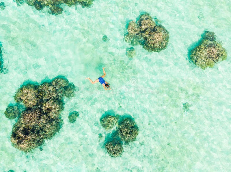 Luchttop down die mensen op koraalrif tropische Cara?bische overzees snorkelen, turkoois blauw water De archipel van Indonesi? Wa royalty-vrije stock foto Luchttop down die mensen op koraalrif tropische Cara?bische overzees snorkelen, turkoois blauw water De archipel van Indonesi? Wa royalty-vrije stock foto