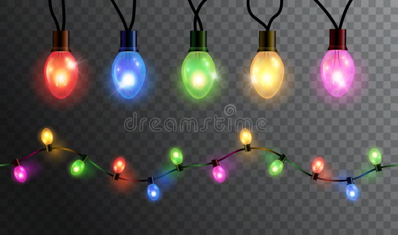 Vector realistic glowing colorful christmas lights in seamless pattern and individual hanging light bulbs isolated on dark background. Vector realistic glowing colorful christmas lights in seamless pattern and individual hanging light bulbs isolated on dark background.