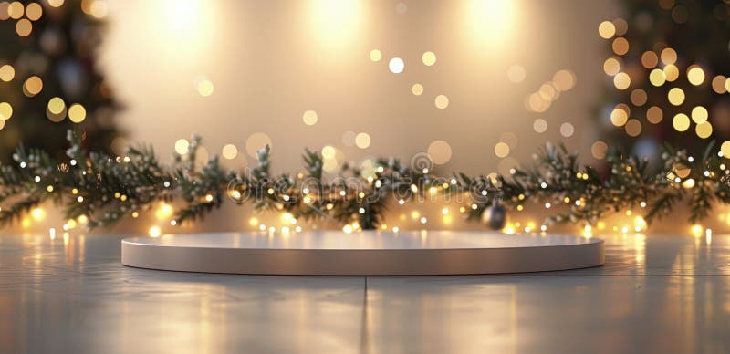 Luci di natale festose e piattaforma bianca fotografie stock libere da diritti