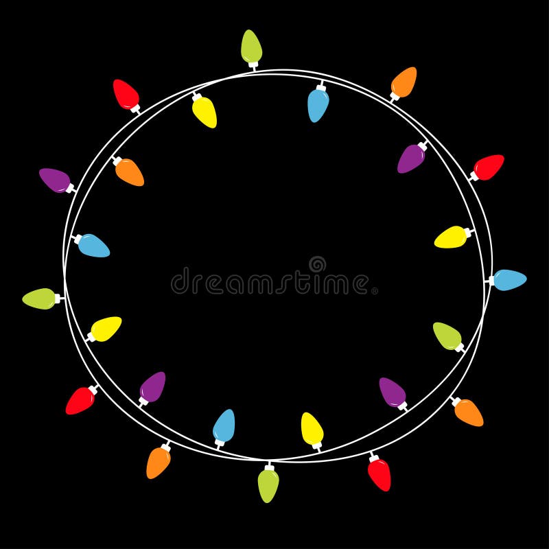 Luci natalizie con cornice rotonda decorazione di xmas festivo Set di luci di fiamma a corde colorate Arachide a lampo Arcobaleno illustrazione vettoriale