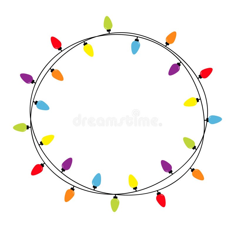 Luci natalizie con cornice rotonda decorazione di xmas festivo Set di luci di fiamma a corde colorate Arachide a lampo Arcobaleno illustrazione vettoriale