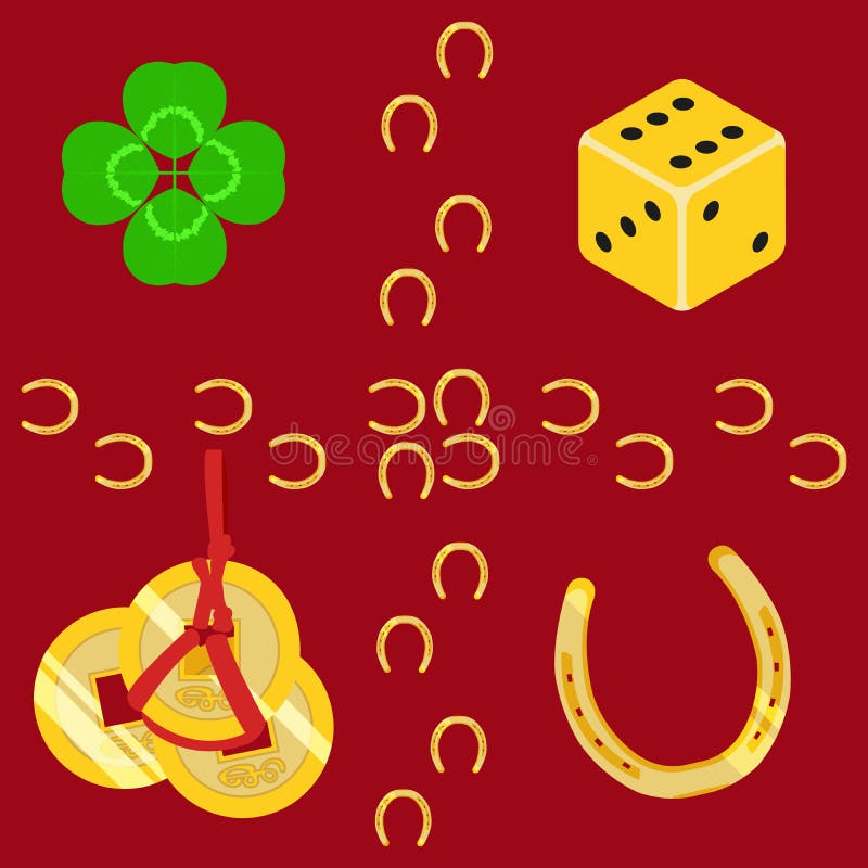 Luck symbols clover, hinese coins, dice and horseshoe vector pattern stock illustration Luck symbols clover, hinese coins, dice and horseshoe vector pattern stock illustration