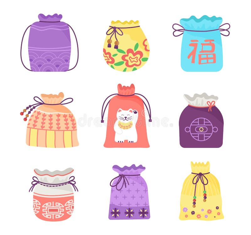 Lucky bags. Art chinese bag, korean happy traditional pocket. Asian tradition present purse, chuseok elements. Oriental