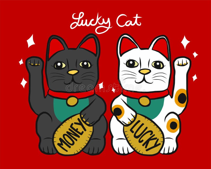 Lucky cat zwart en wit Japans gelukzak tekenfilmillustratie doedelstijl