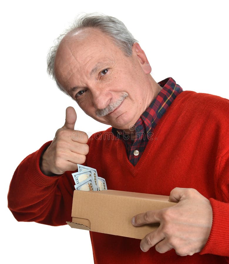 Lucky Old Man Holding Box With Dollar Bills St