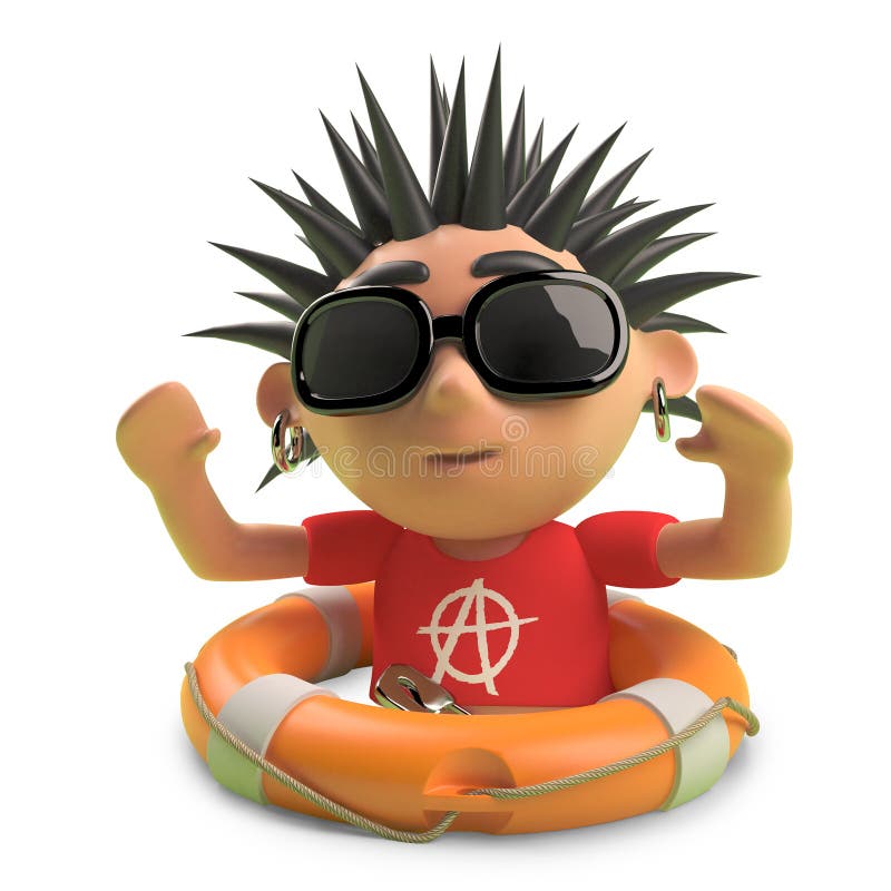 Lucky punk rocker with spiky hair has been saved with a life preserver, 3d ...