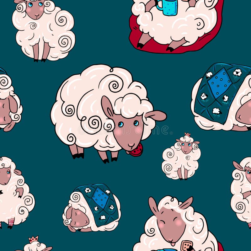 Lucky Sheeps Vector Illustration Set Seamless Pattern. Stock Vector ...