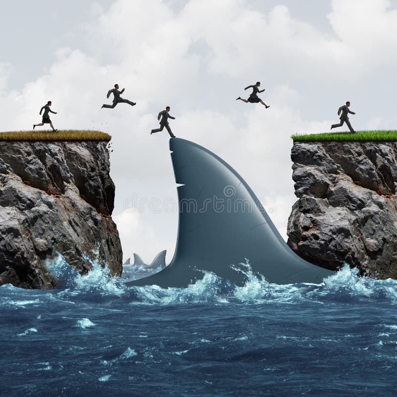 Profit from risk business concept as a group of businesspeople taking advantage of challenging market conditions as a businessman and businesswoman jumping on a shark fin as a bridge to success and opportunity metaphor. Profit from risk business concept as a group of businesspeople taking advantage of challenging market conditions as a businessman and businesswoman jumping on a shark fin as a bridge to success and opportunity metaphor.