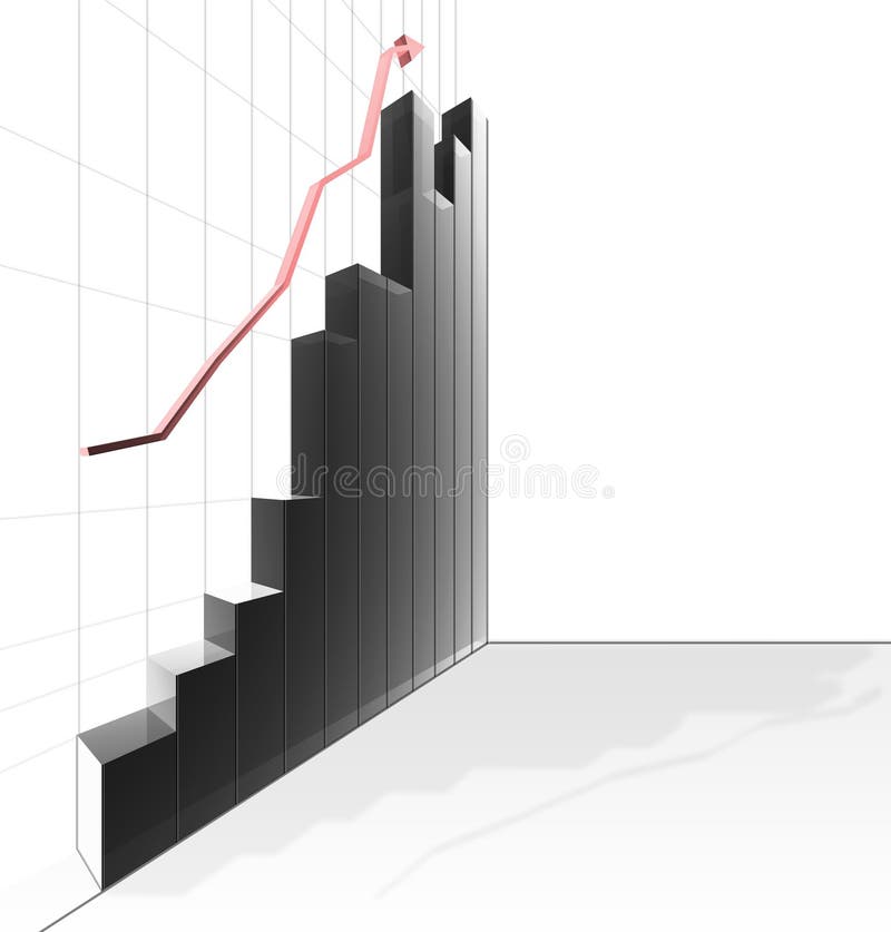 A three dimensional chart showing a rise in profit and fortunes of a business. A three dimensional chart showing a rise in profit and fortunes of a business