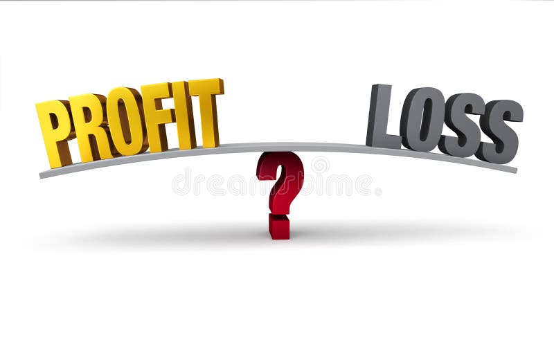 Bright, gold PROFIT and dark, gray LOSS sit on opposite ends of a gray board balanced on a red question mark. Isolated on white. Bright, gold PROFIT and dark, gray LOSS sit on opposite ends of a gray board balanced on a red question mark. Isolated on white.