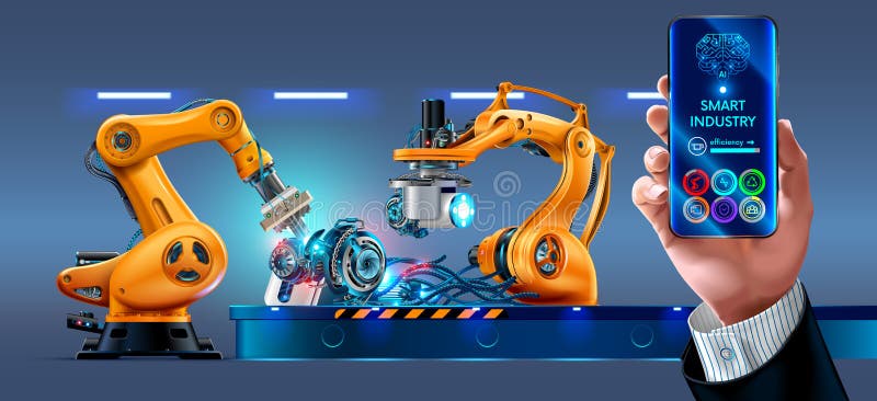 Lucrul cu arme robotizate sau robotizate pe bandă transportoare. fabricare automată. o fabrică inteligentă vector illustration