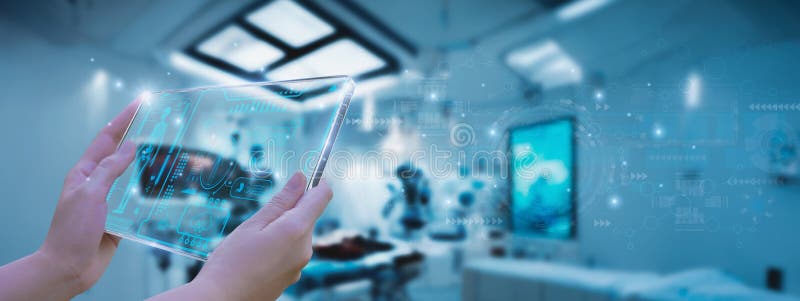 Lucrul de medic cu tabletă PC COMPUTER DIGITAL HEALTHCARE SYSTEM ANALYSIS NETWORK connection hologram VIRTUAL SCREEN stock photography