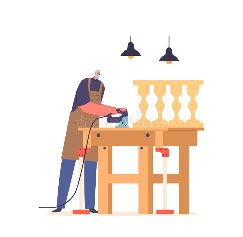 Lucrări calificate de tâmplărie masculi de tâmplărie într-un atelier de tâmplărie, creând și modelând lemn în piese funcționale stock illustration