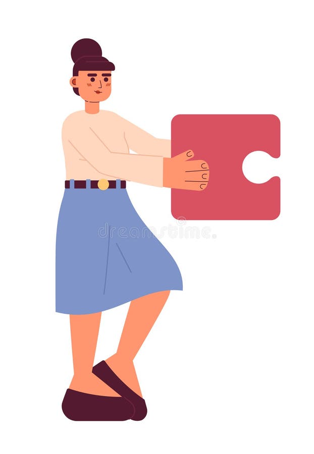 Lucrător care ocupă un birou de femei și care deține un obiect de puzzle cu caracter vector semiplat și colorat vector illustration