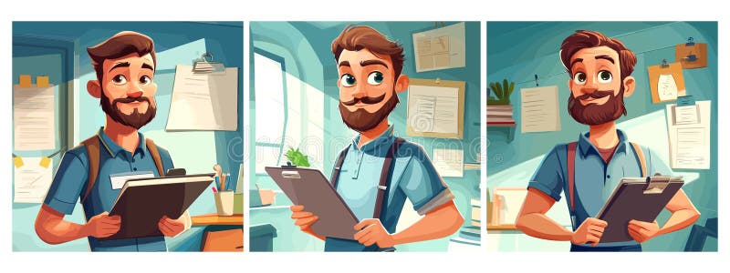 Lucrător cu clipboard. Inginer care deține clipboard tâmplar antreprenor care așteaptă comanda în sala de birou interior desene an vector illustration