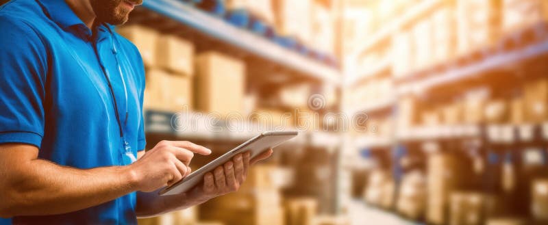 Lucrătorul din depozit utilizează o tabletă pentru gestionarea eficientă a inventaruluiImagine generată de IA royalty free stock photo