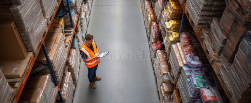 Lucrătorul din depozit utilizează tehnologia pentru a gestiona eficient inventarulImagine generată de IA royalty free stock images