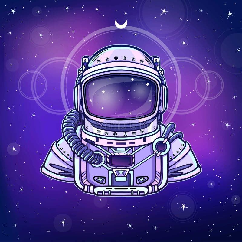 Human inventions: astronaut`s suit. Depth science. Background - the night star sky. Vector illustration. Print, poster, t-shirt, card. Human inventions: astronaut`s suit. Depth science. Background - the night star sky. Vector illustration. Print, poster, t-shirt, card.