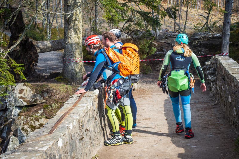 20.03.2022 Bruar, Perthshire, Scotland, UK. Canyoning involves travelling in canyons  that may include activities such as walking, scrambling, climbing, jumping, abseiling, and swimming. 20.03.2022 Bruar, Perthshire, Scotland, UK. Canyoning involves travelling in canyons  that may include activities such as walking, scrambling, climbing, jumping, abseiling, and swimming