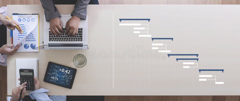 Business People Analyzing PROJECT MANAGEMENT updating Gantt chart. Business People Analyzing PROJECT MANAGEMENT updating Gantt chart