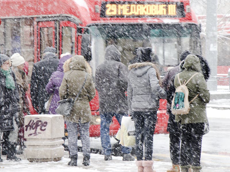 Ludzie czekać na transport publicznego przy przystankiem autobusowym w ciężkiej miecielicie w zimie obrazy royalty free Ludzie czekać na transport publicznego przy przystankiem autobusowym w ciężkiej miecielicie w zimie obrazy royalty free