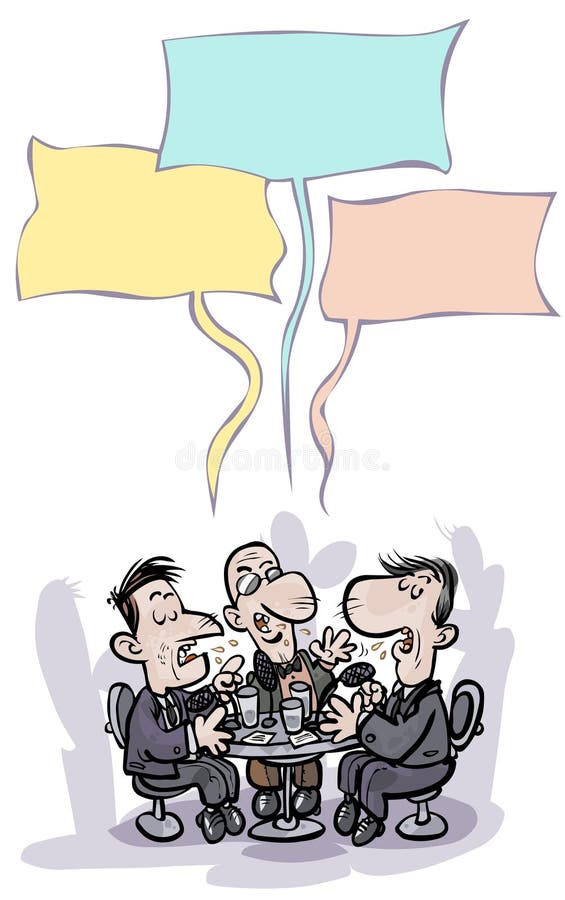 Cartoon illustration of three men arguing around a table with microphones. Cartoon illustration of three men arguing around a table with microphones.