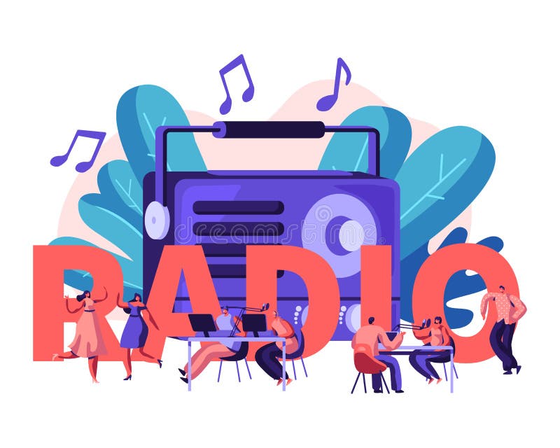 Ludzie i Radiowy pojęcie Męscy i Żeńscy charaktery Słuchają, Tanczą, Transmitują gospodarza transmitowanie, Komunikują, i muzykę ilustracja wektor Ludzie i Radiowy pojęcie Męscy i Żeńscy charaktery Słuchają, Tanczą, Transmitują gospodarza transmitowanie, Komunikują, i muzykę ilustracja wektor