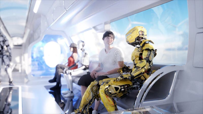 Ludzie i roboty Futurystyczny jednoszynowy transport Pojęcie przyszłość Realistyczna 4K animacja zdjęcie stock
