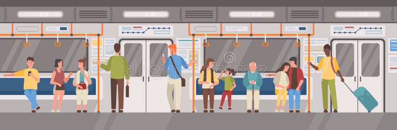 Ludzie lub mieszkanowie miasta w metrze, metrze, tubce lub podziemnym taborowym samochodzie, Mężczyzna i kobieta transport public ilustracji Ludzie lub mieszkanowie miasta w metrze, metrze, tubce lub podziemnym taborowym samochodzie, Mężczyzna i kobieta transport public ilustracji