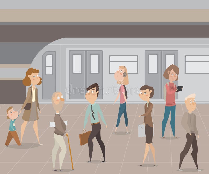 Ludzie w metrze postać z kreskówki śmieszni ilustracji Ludzie w metrze postać z kreskówki śmieszni ilustracji