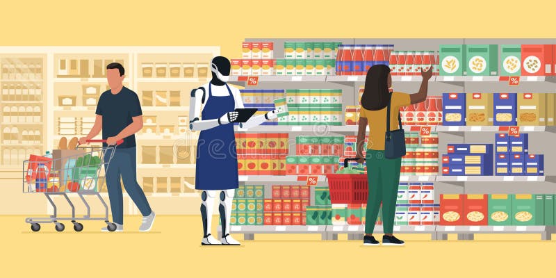 Ludzie w supermarkecie i roboty humanoidalne pracujący jako urzędnik giełdowy ilustracja wektor