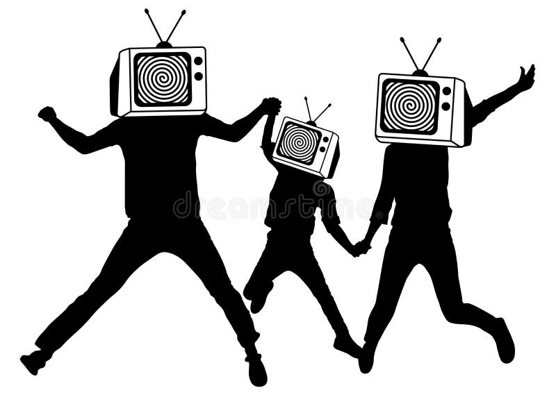 Ludzie zamiast głowy TV, sylwetka Propaganda, sfałszowana wiadomość Mężczyzna żywi trupy Ewidencyjna wojna royalty ilustracja