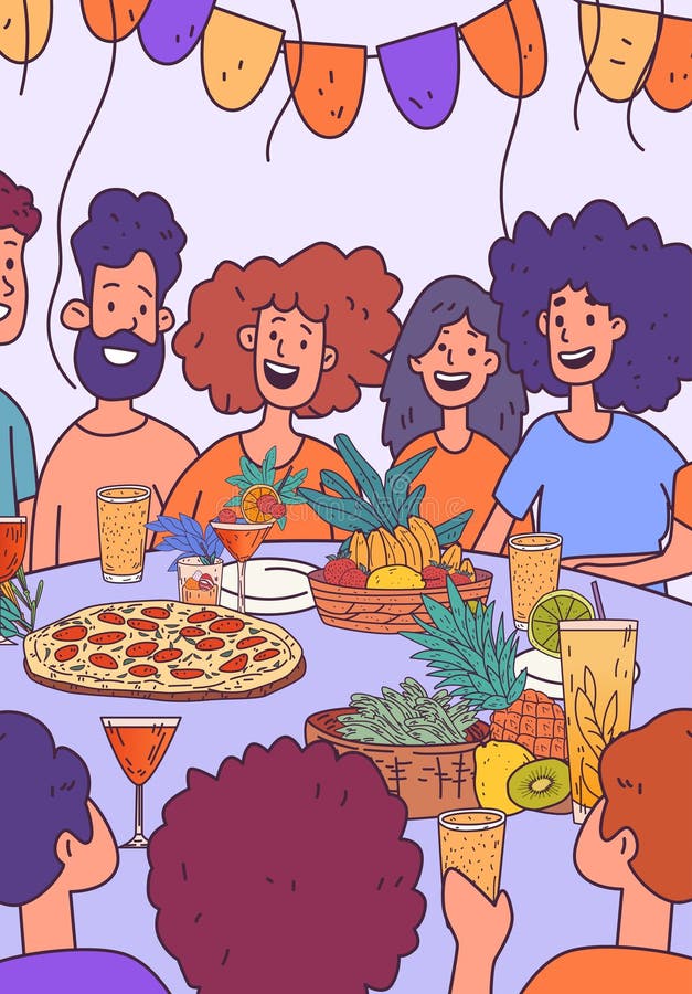 Ludzie zbierają uroczystości wesołych przyjaciół lubiących jedzenie napoje pizza stół owocowy święta kolorowa impreza baner ilustracji
