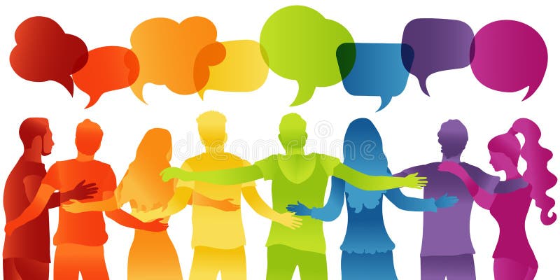 Ludzie zróżnicowany dialog kulturalny i sylwetka przyjaźni grupa wieloetnicznych ludzi komunikacja przemawiają dyskusja tłum rozmo