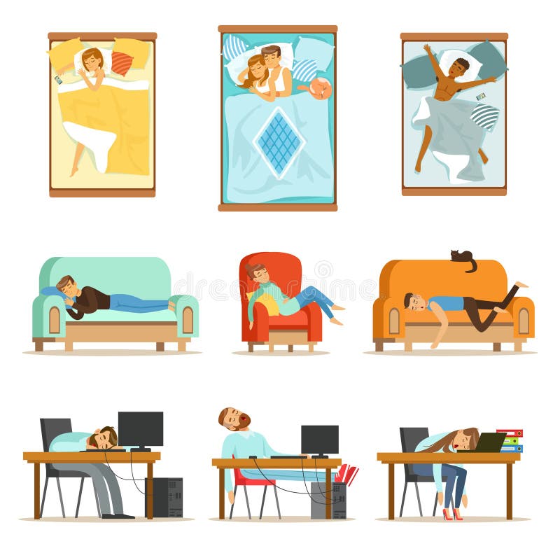 Ludzie Śpi W Różnych pozycjach I Przy pracą W Domu, Zmęczeni charaktery Dostaje Spać set ilustracje