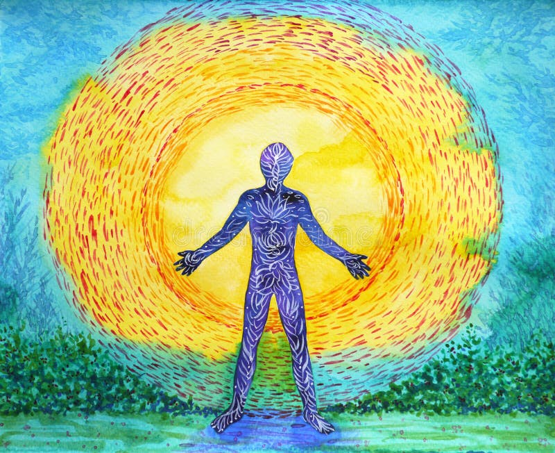 Ludzka i wysoka władza, abstrakcjonistyczny akwarela obraz, 7 chakra joga