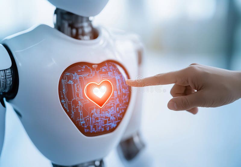 Ludzka ręka delikatnie dotyka robota świecącego sercem symbolizującego połączenie i technologię serce cechy skomplikowane zdjęcie stock