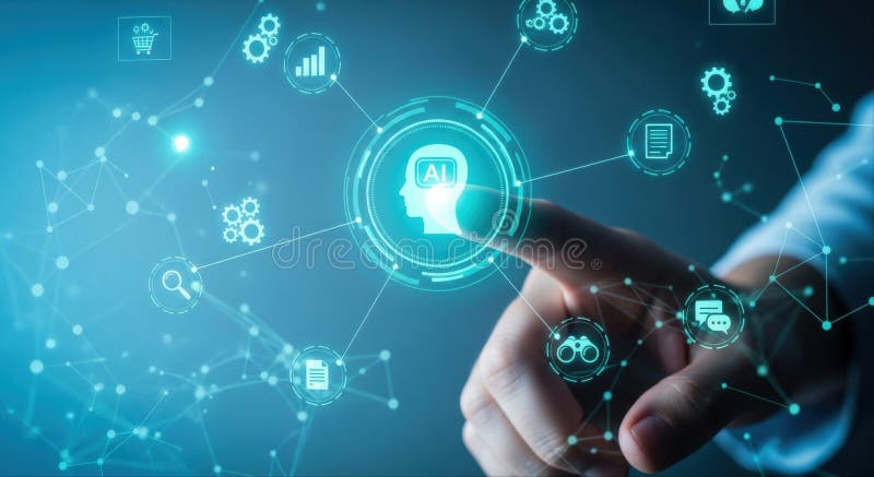 Ludzka ręka dotykająca ikony ai w futurystycznej sieci cyfrowej reprezentującej technologię royalty ilustracja