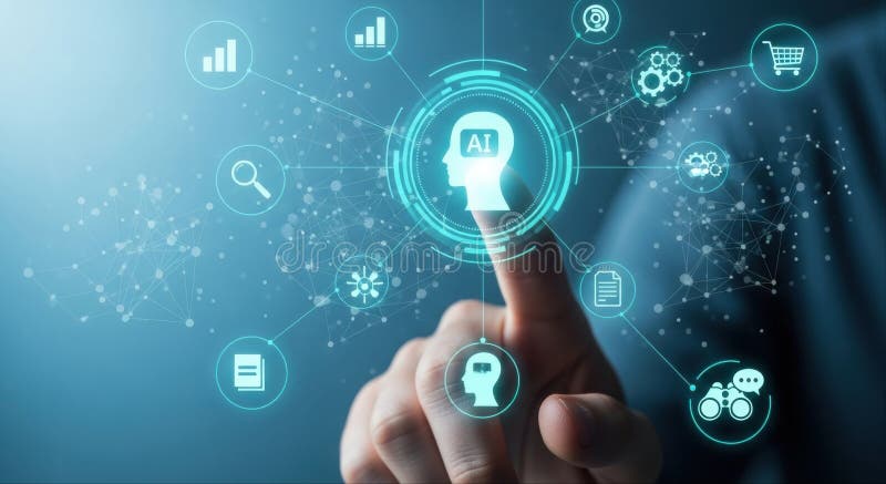 Ludzka ręka współpracuje z interfejsem cyfrowym sztucznej inteligencji i globalną siecią technologiczną ilustracji