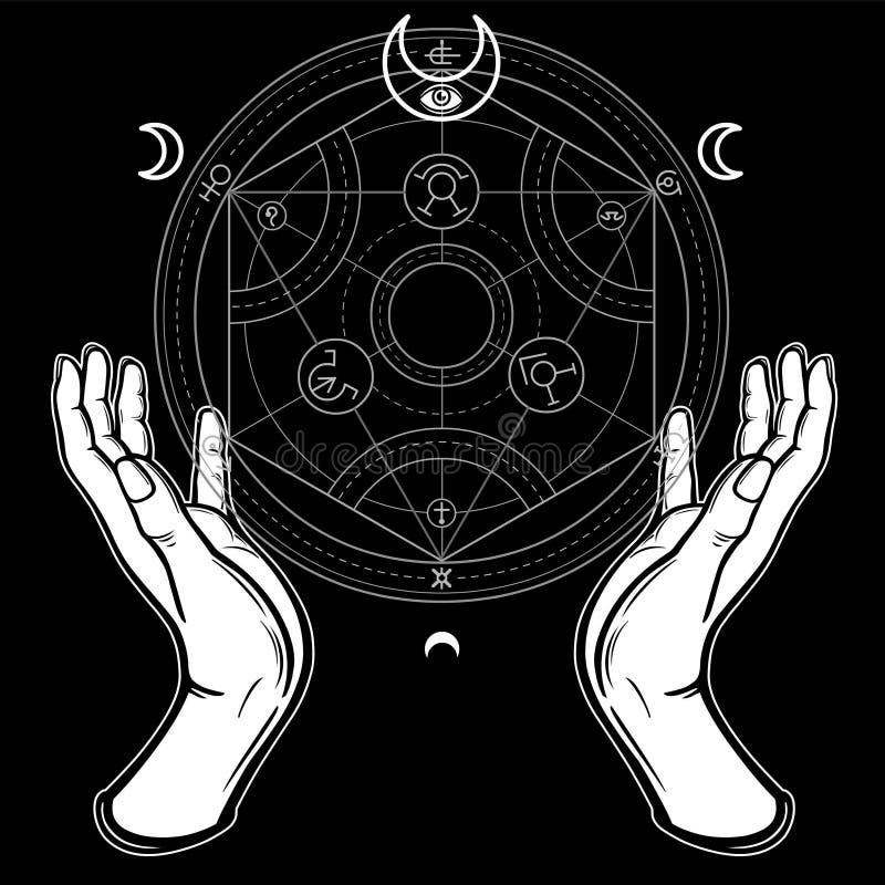 Ludzkie ręki dotykają alchemical okrąg Mistyczni symbole, święta geometria royalty ilustracja Ludzkie ręki dotykają alchemical okrąg Mistyczni symbole, święta geometria royalty ilustracja