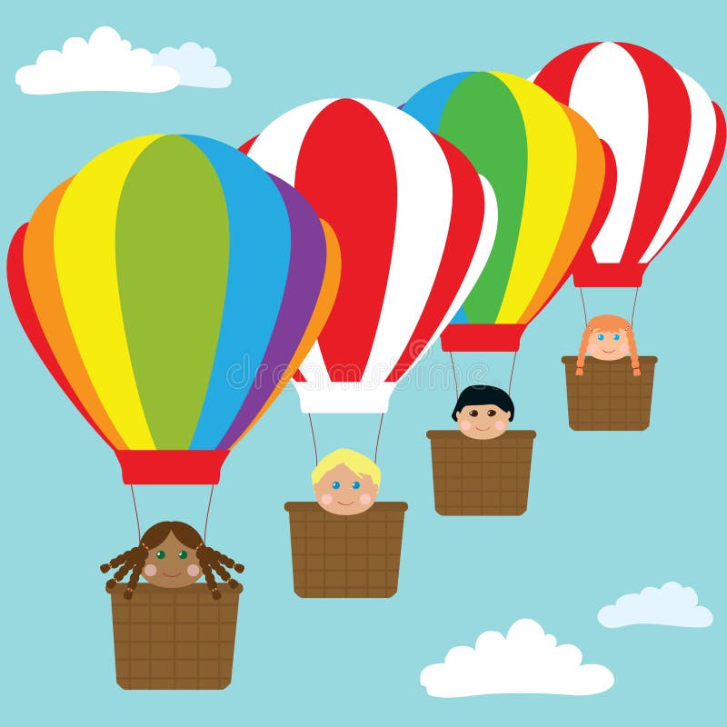 Happy kids in hot air balloons. Happy kids in hot air balloons.