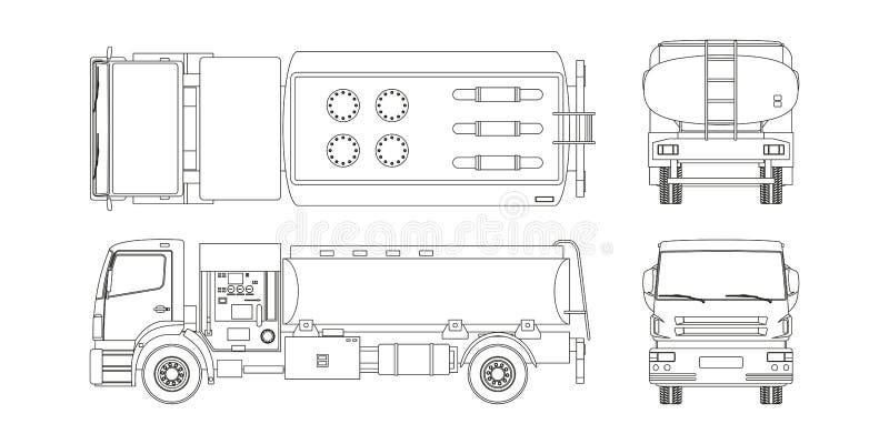 Air fuel truck in outline style. Front, side, top and back view. Maintenance of aircraft. Airfield transport. Tanker for airplane. Industrial blueprint. Vector isolated illustration. Air fuel truck in outline style. Front, side, top and back view. Maintenance of aircraft. Airfield transport. Tanker for airplane. Industrial blueprint. Vector isolated illustration.