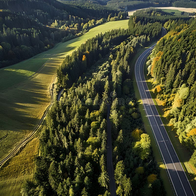 Luftansicht leerer Landstrasse durch grünen Wald stockbild