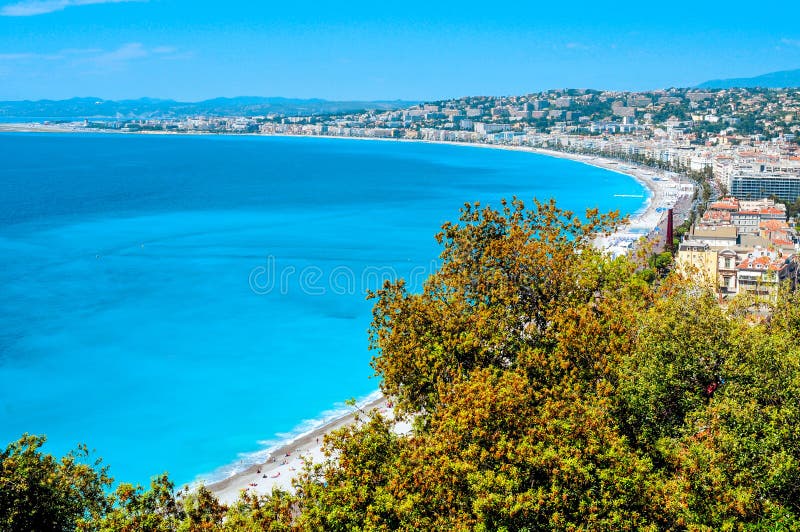 Aerial view of the Baie des Agnes bay in Nice, France, and the Promenade des Anglais bordering the Mediterranean Sea. Aerial view of the Baie des Agnes bay in Nice, France, and the Promenade des Anglais bordering the Mediterranean Sea