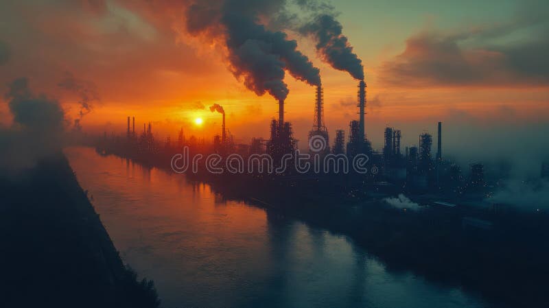 Luftbild der industriellen Fabrik, die bei Sonnenuntergang dichten Rauch in den Himmel ausstrahlt, der auf einem nahe gelegenen Fl stockfotografie