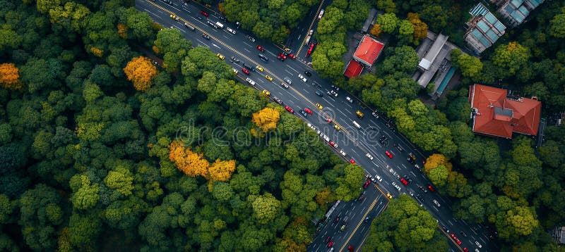 Luftbild einer Straßenüberquerung durch einen üppigen grünen Wald mit bunten Herbstblättern und Gebäuden stockbilder