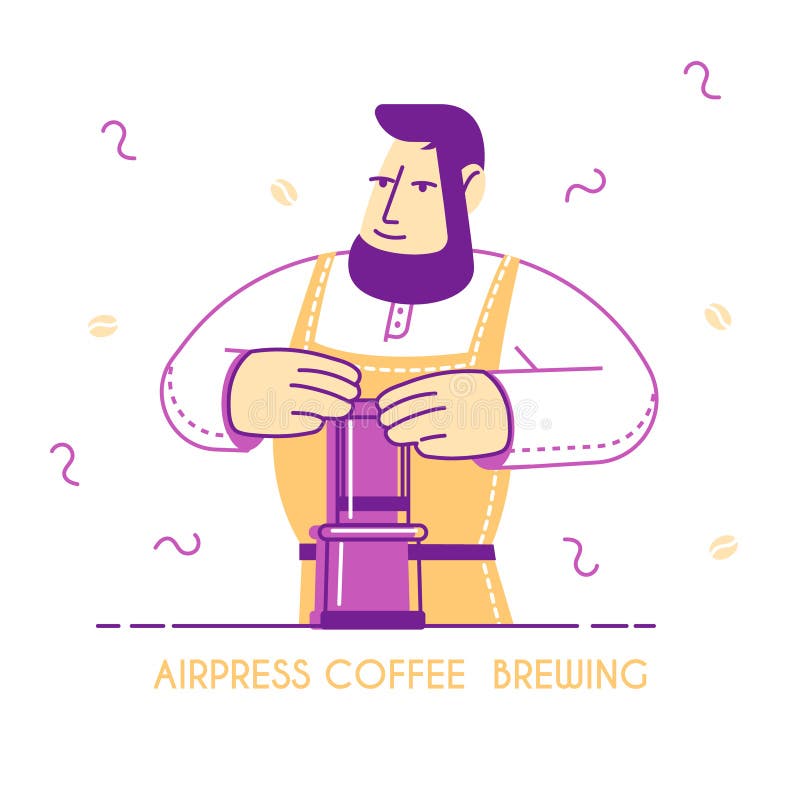 Luftdruck-Kaffee-Brauenkonzept frisch gebrautes Getränk in den Händen von Barista Wearing Apron Köstlicher Cappuccino-Espresso vektor abbildung